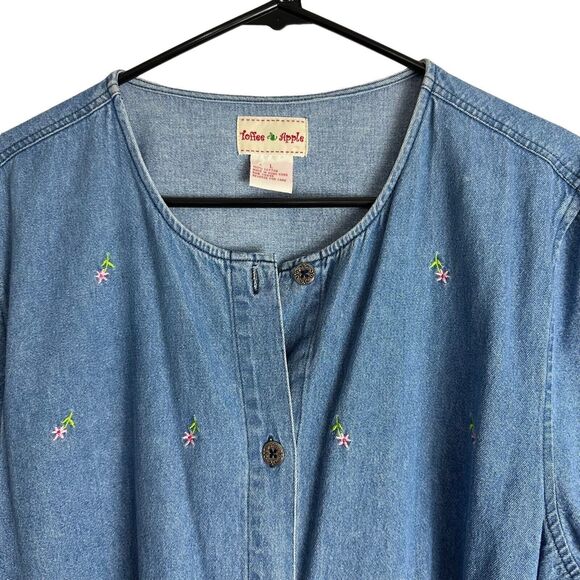Vintage Toffee Apple Embroidered Shirt Women's Large Denim Flowers Scalloped Hem - Picture 7 of 11